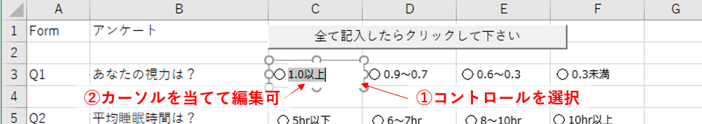 オプションボタンの表示文字を変更