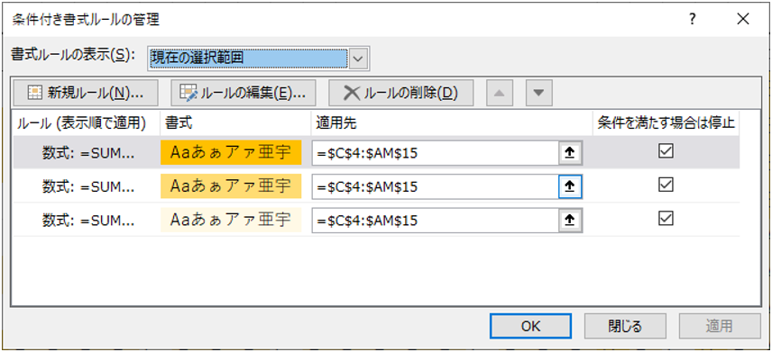 条件付き書式ルールの管理