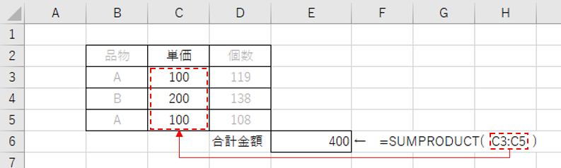 SUMPRODUCT関数による１つのセル範囲の和算