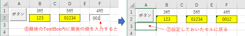 最後のセル入力完了すると、帰着セルへ戻る