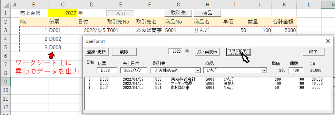 売上データのシートへの出力