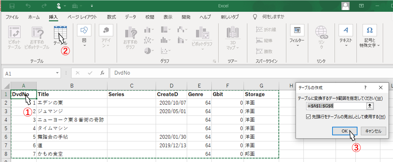 テーブルの手動での作成