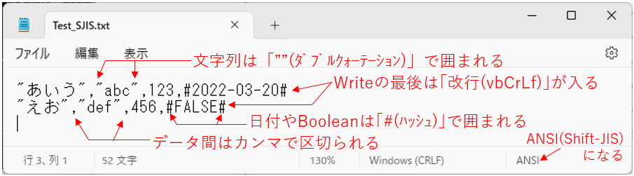 Writeステートメントでの書き出し