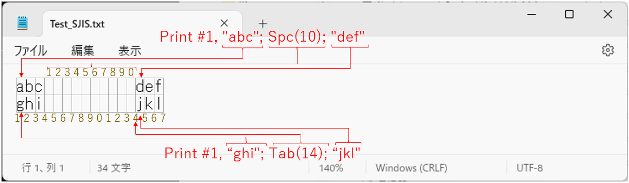 出力幅指定が無い場合のSpc・Tab関数