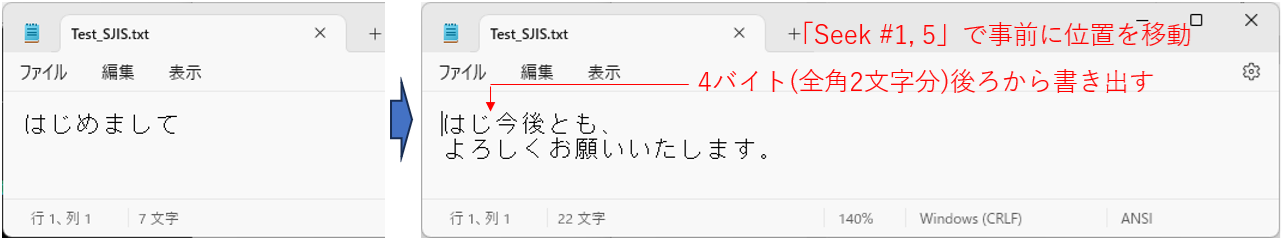 Appenモードで位置を移動してからPrint